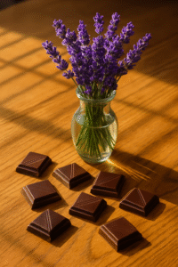 an image of dark chocolate pieces around a flower vase of lavender on a beautiful table decked in sunlight 